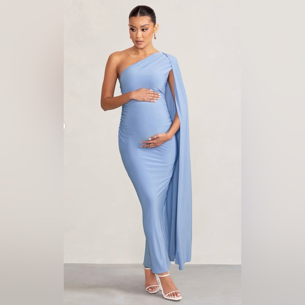 POWDER BLUE MATERNITY ONE SHOULDER MAXI DRESS WITH CAPE SLEEVE